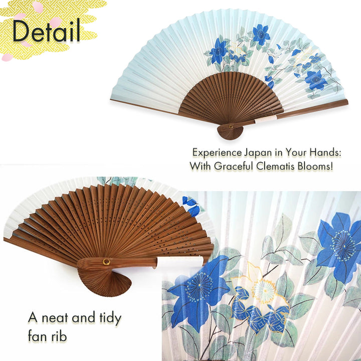 Folding Hand Fan for Lady's ,Surface Paper, Bamboo Frame, Pale Blue Gradation base with Flower, Clematis