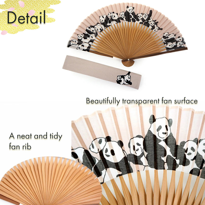 Folding Hand Fan for Lady's ,Surface Cotton, Bamboo Frame, Pink Beige base cute panda Pattern