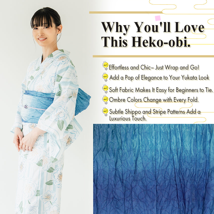 Soft Heko Obi - Lightweight Japanese Kimono Belt for Yukata or Casual Wear Blue