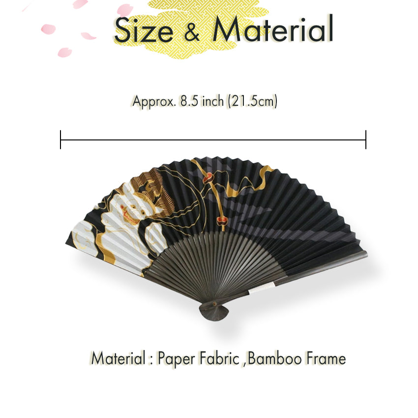 Folding Hand Fan for Men, Paper Fabric ,Bamboo Frame, Black base, iconic Thunder Gods by Tawaraya Sotatsu
