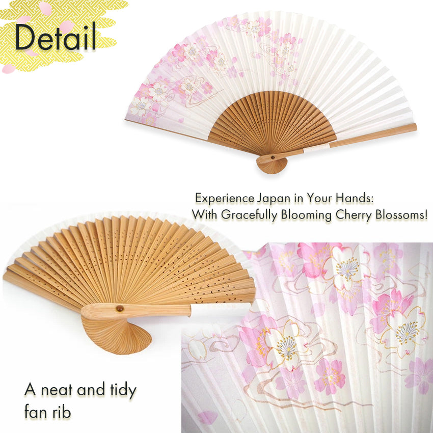 Folding Hand Fan for Lady's ,Surface Paper, Bamboo Frame, White base with Pink Flowing water & Cherry Blossoms pattrn