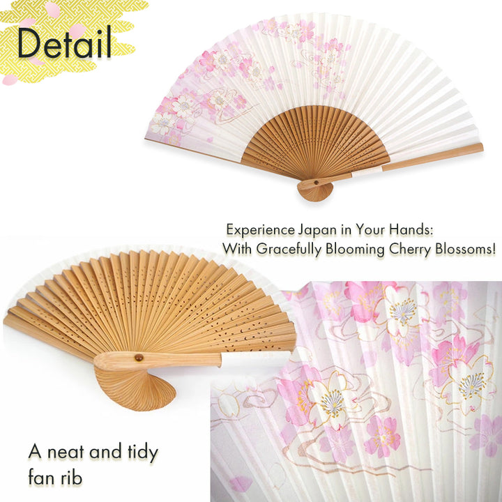 Folding Hand Fan for Lady's ,Surface Paper, Bamboo Frame, White base with Pink Flowing water & Cherry Blossoms pattrn