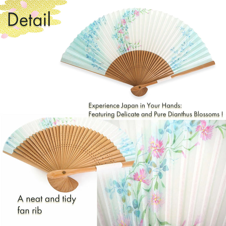 Folding Hand Fan for Lady's ,Surface Paper, Bamboo Frame, White/Light Blue Gradation base with Flower White & Pink Dianthus