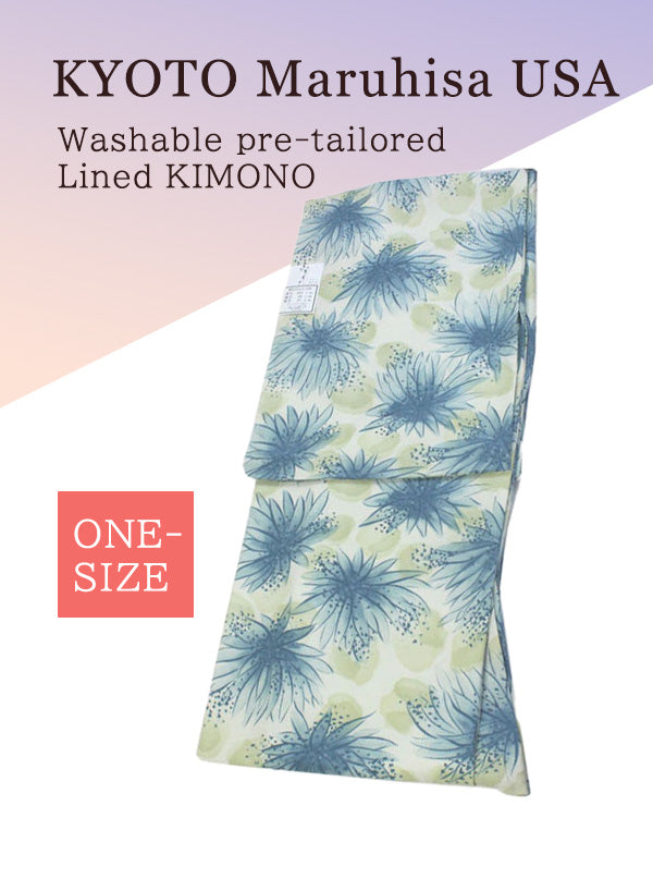 Washable pre-tailored Lined KIMONO【ONE-SIZE】（Large dahlia-like flowers pattern.）