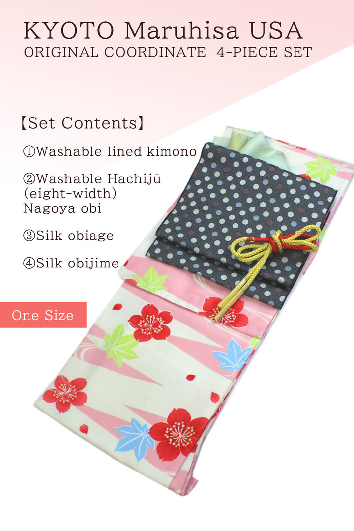 Washable Kimono tailored ORIGINAL COORDINATE ４PIECE-SET【ONE-SIZE】（White Background with Cherry Blossom and Maple Leaf Pattern）