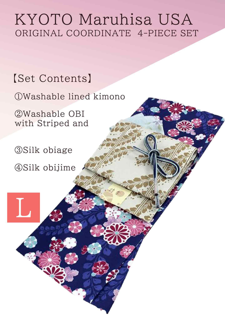 Washable Kimono tailored ORIGINAL COORDINATE ４PIECE-SET【L】（kimono features a pattern filled with flowers）