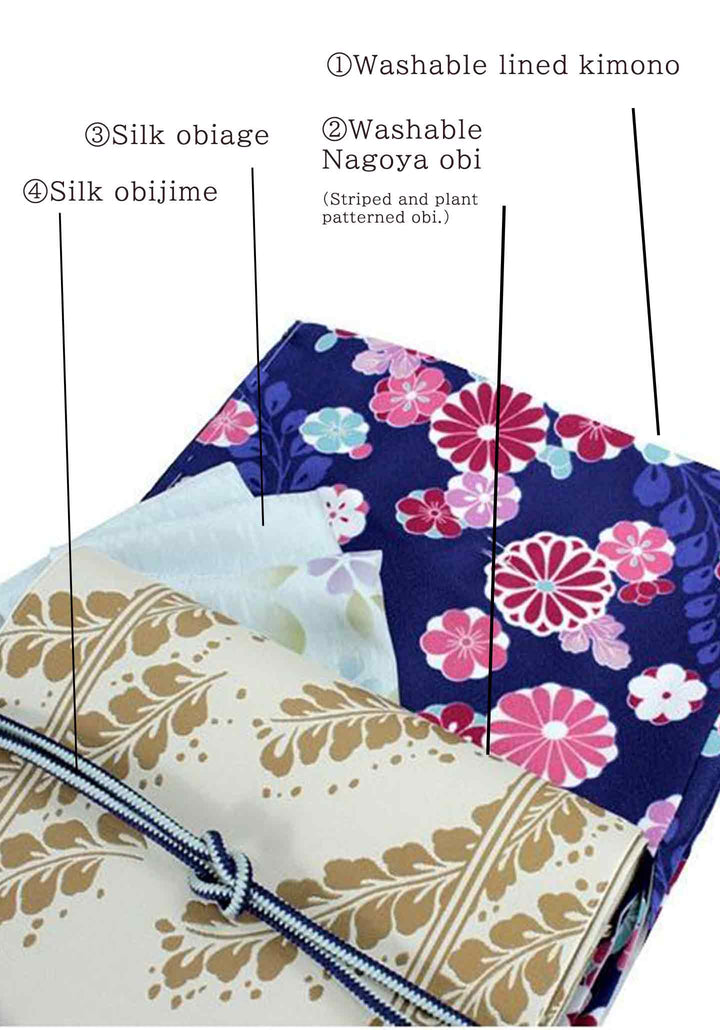 Washable Kimono tailored ORIGINAL COORDINATE ４PIECE-SET【L】（kimono features a pattern filled with flowers）