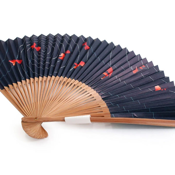 Folding Hand Fan for Lady's, Paper Fabric ,Bamboo Frame, Black base, goldfish and shimmering ripples design