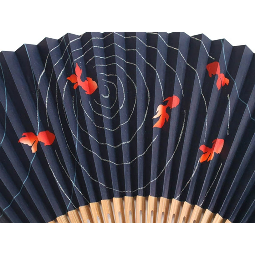 Folding Hand Fan for Lady's, Paper Fabric ,Bamboo Frame, Black base, goldfish and shimmering ripples design