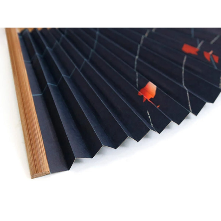 Folding Hand Fan for Lady's, Paper Fabric ,Bamboo Frame, Black base, goldfish and shimmering ripples design