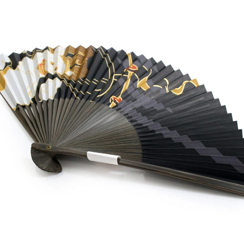 Folding Hand Fan for Men, Paper Fabric ,Bamboo Frame, Black base, iconic Thunder Gods by Tawaraya Sotatsu