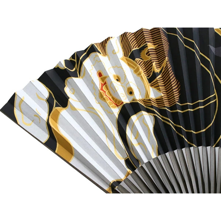 Folding Hand Fan for Men, Paper Fabric ,Bamboo Frame, Black base, iconic Thunder Gods by Tawaraya Sotatsu