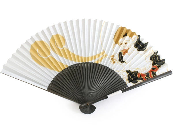 Folding Hand Fan for Men, Paper Fabric ,Bamboo Frame, White base, iconic Wind Gods by Tawaraya Sotatsu