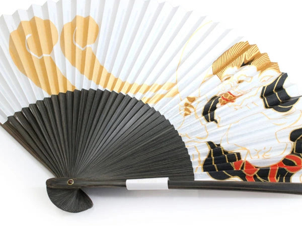 Folding Hand Fan for Men, Paper Fabric ,Bamboo Frame, White base, iconic Wind Gods by Tawaraya Sotatsu