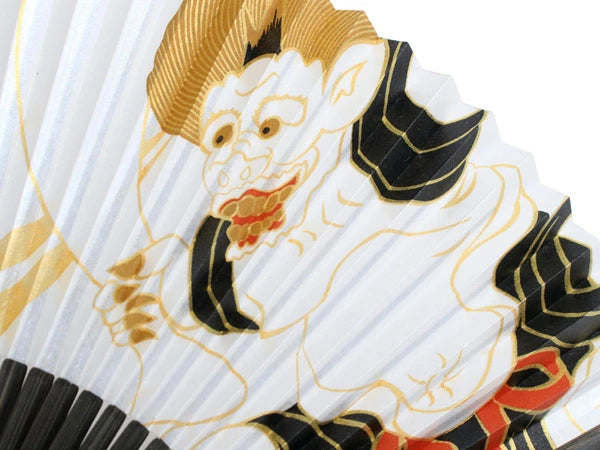 Folding Hand Fan for Men, Paper Fabric ,Bamboo Frame, White base, iconic Wind Gods by Tawaraya Sotatsu