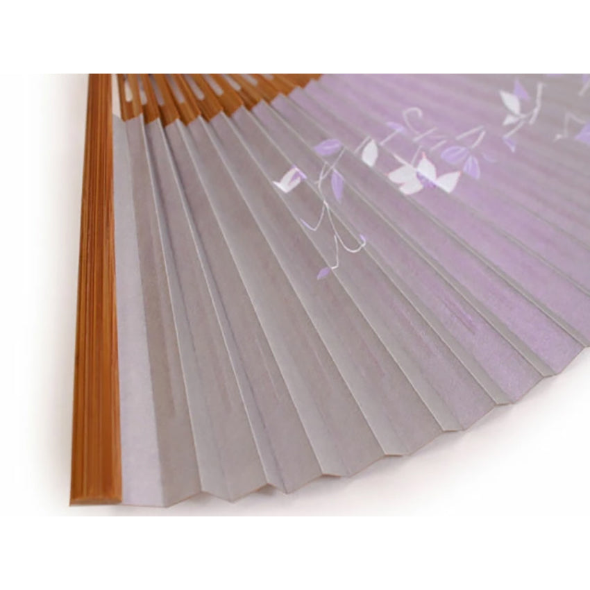 Folding Hand Fan for Lady's, Paper Fabric , Bamboo Frame, siiver base, clematis flower design