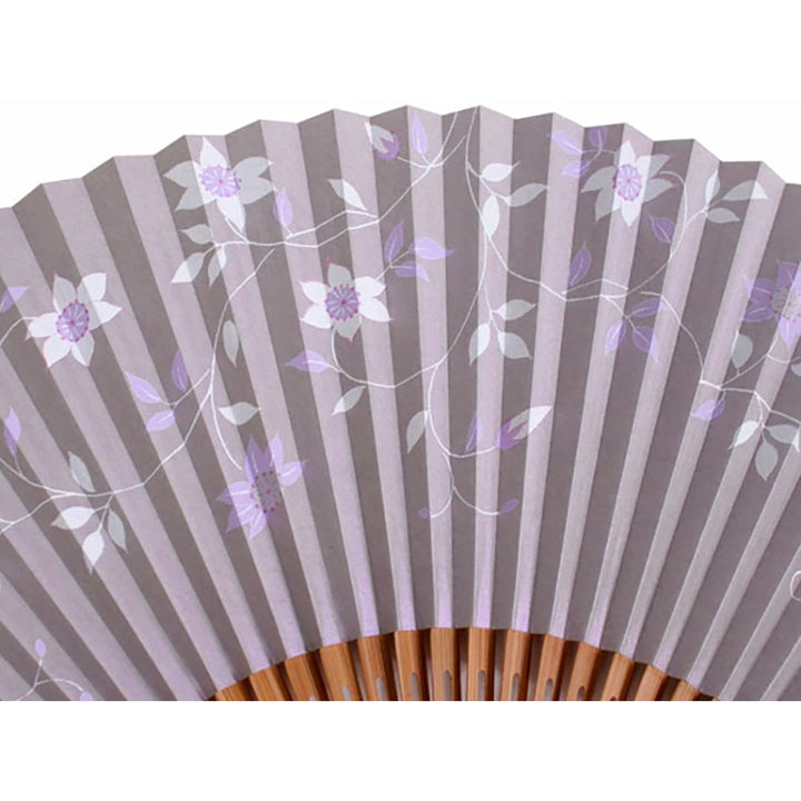 Folding Hand Fan for Lady's, Paper Fabric , Bamboo Frame, siiver base, clematis flower design