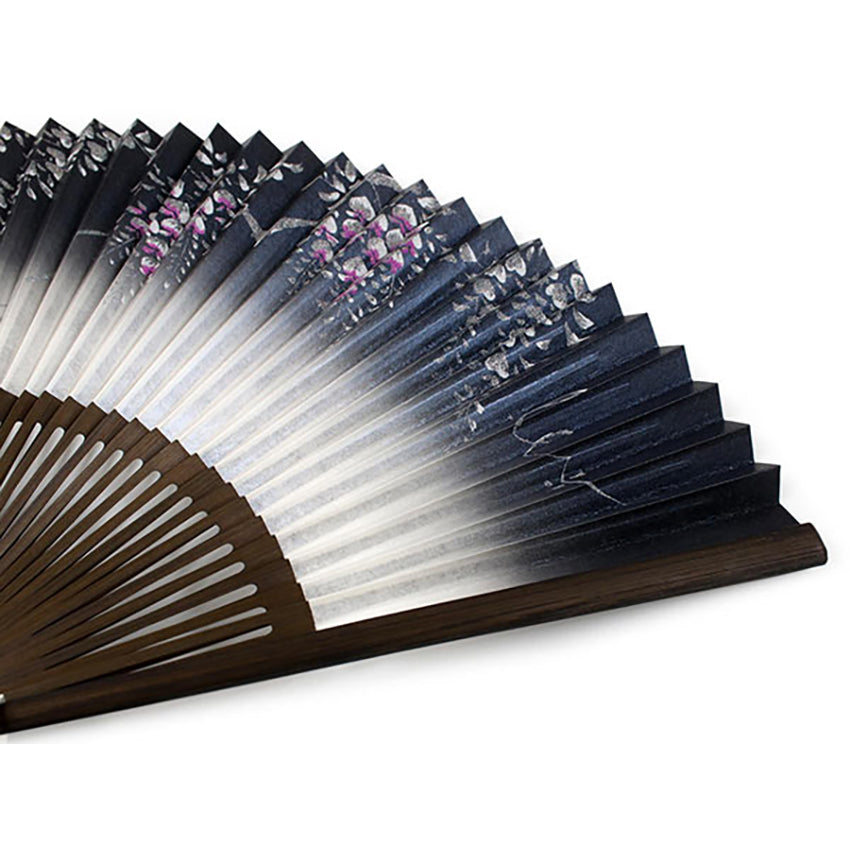 Folding Hand Fan for Lady's, Paper Fabric ,Bamboo Frame,Deep navy & Off white base, elegant wisteria design