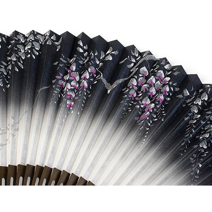 Folding Hand Fan for Lady's, Paper Fabric ,Bamboo Frame,Deep navy & Off white base, elegant wisteria design