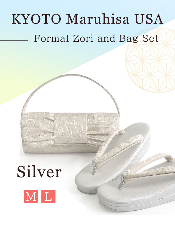 A SET of Formal Zori Sandals and Bag for TEA ceremony【Silver】（White base with a silver arabesque pattern.）