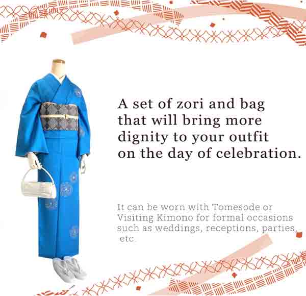 A SET of Formal Zori Sandals and Bag for TEA ceremony【Silver】（White base with a silver arabesque pattern.）