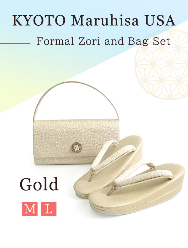 A SET of Formal Zori Sandals and Bag for TEA ceremony【Gold】（Pale gold color with pearl and rhinestone clasp.）