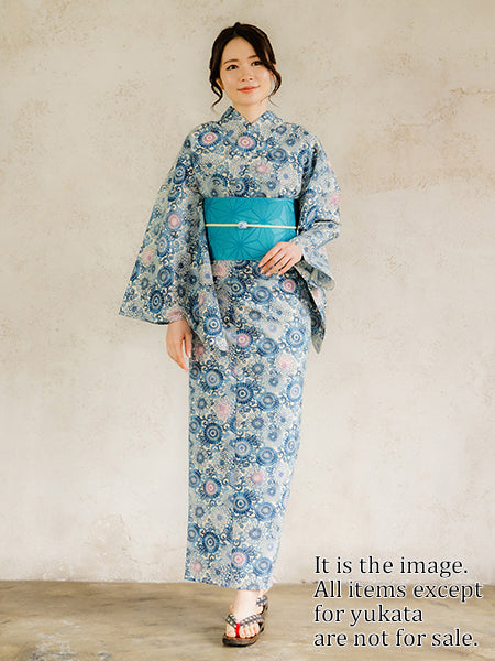 Women's Cotton Yukata, Casual Summer Kimono,  Beige Blue Chrysanthemum