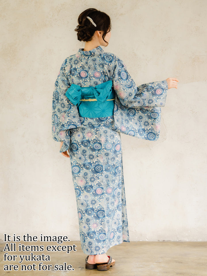 Women's Cotton Yukata, Casual Summer Kimono,  Beige Blue Chrysanthemum