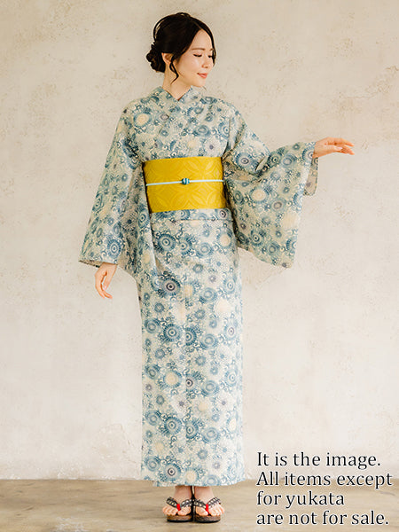 Women's Cotton Yukata, Casual Summer Kimono,  Beige Pale blue Chrysanthemum