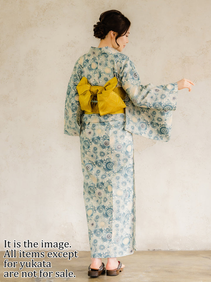 Women's Cotton Yukata, Casual Summer Kimono,  Beige Pale blue Chrysanthemum