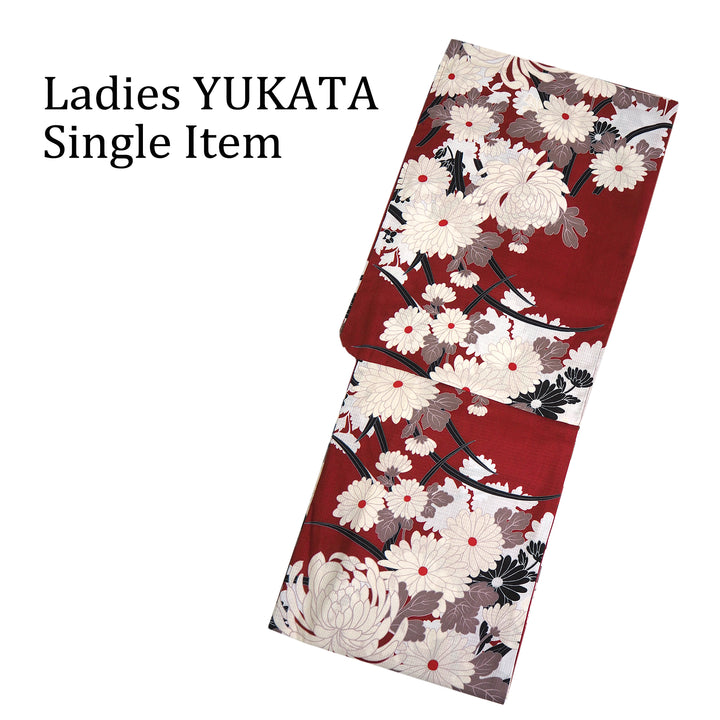 Women's Cotton Yukata, Casual Summer Kimono, Dark Red Chrysanthemum