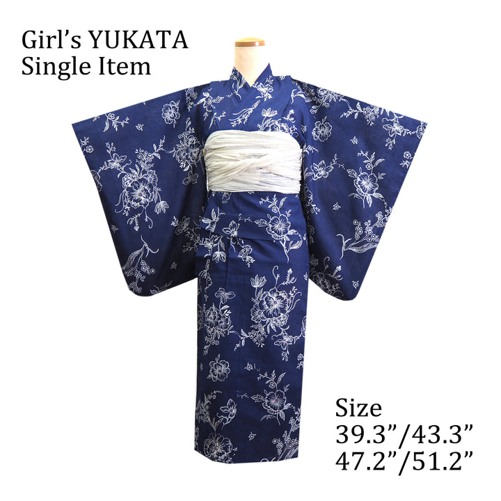 Girl's Cotton Yukata, Casual Summer Kimono, Navy Flower Design