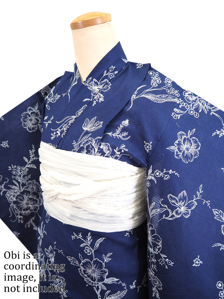 Girl's Cotton Yukata, Casual Summer Kimono, Navy Flower Design