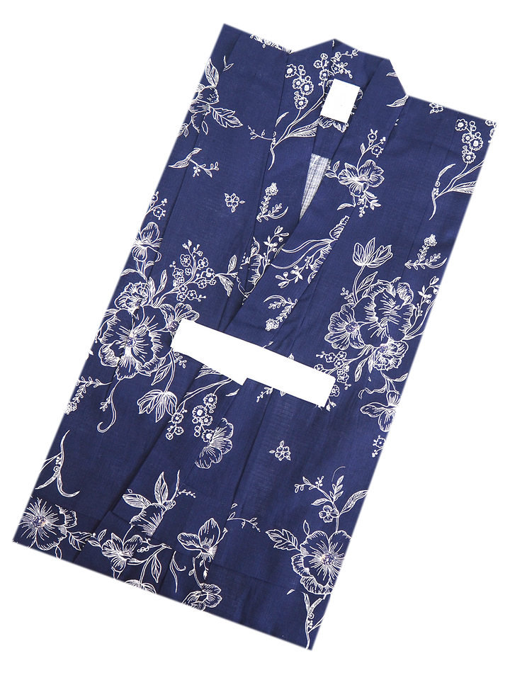 Girl's Cotton Yukata, Casual Summer Kimono, Navy Flower Design