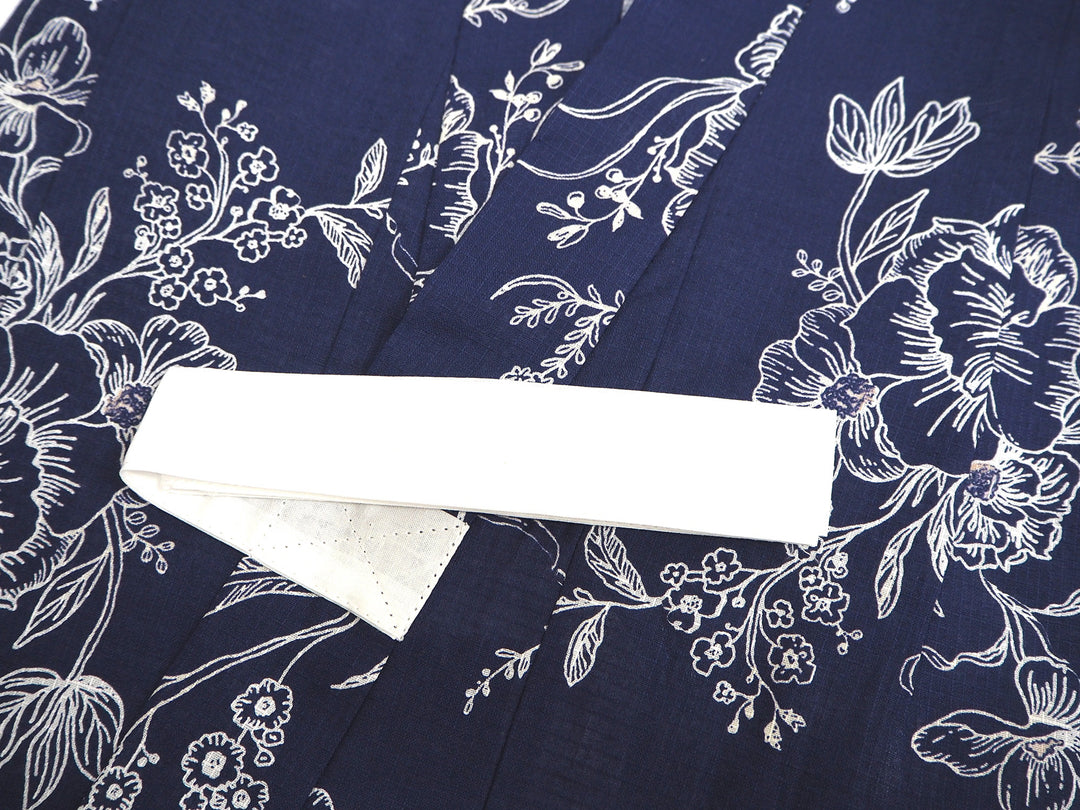 Girl's Cotton Yukata, Casual Summer Kimono, Navy Flower Design