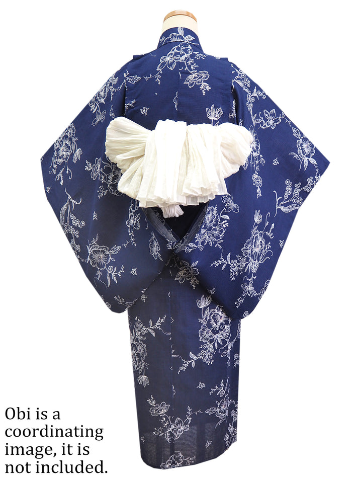 Girl's Cotton Yukata, Casual Summer Kimono, Navy Flower Design