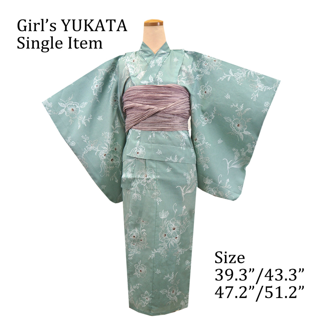 Girl's Cotton Yukata, Casual Summer Kimono, Pale Green Flower