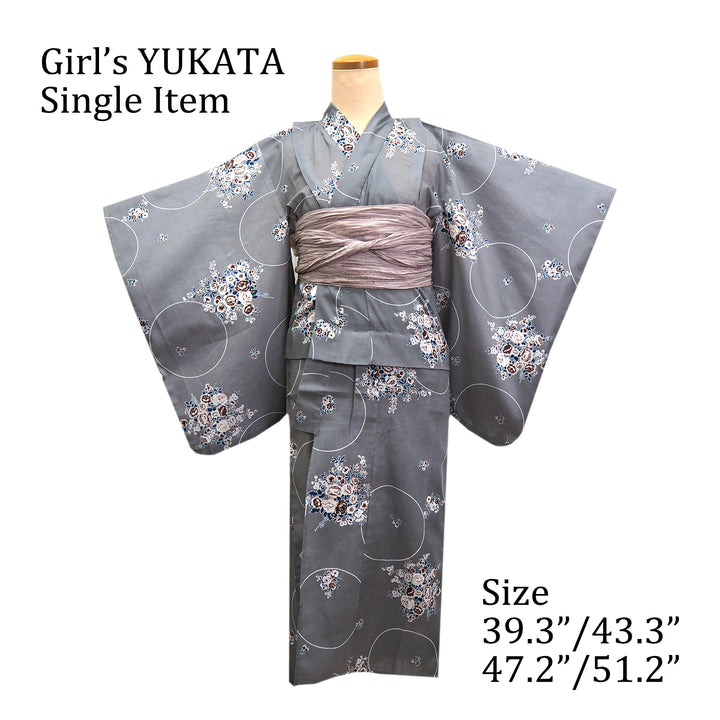 Girl's Cotton Yukata, Casual Summer Kimono, Gray Roses