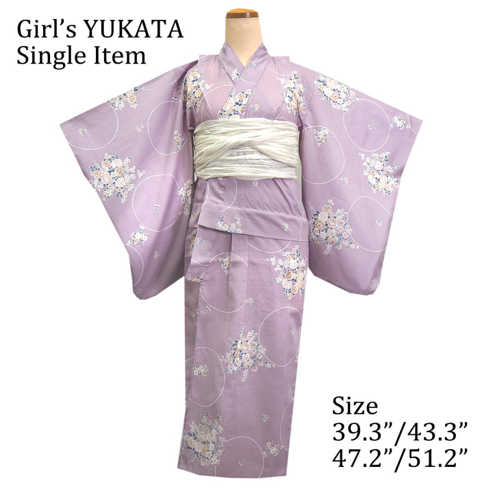 Girl's Cotton Yukata, Casual Summer Kimono, Light Purple Roses