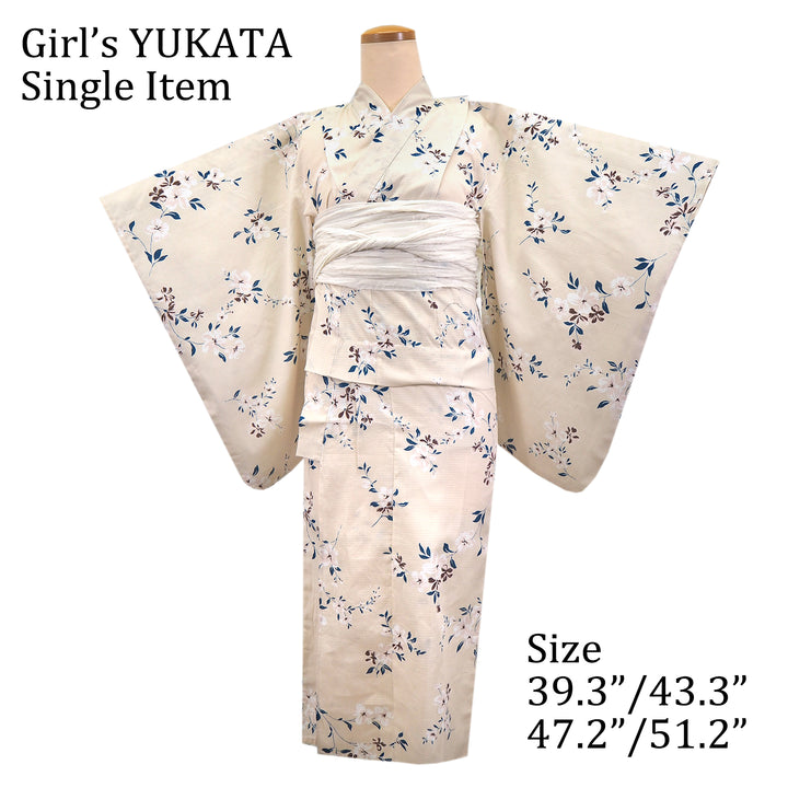 Girl's Cotton Yukata, Casual Summer Kimono, Light Beige Cherry Blossom