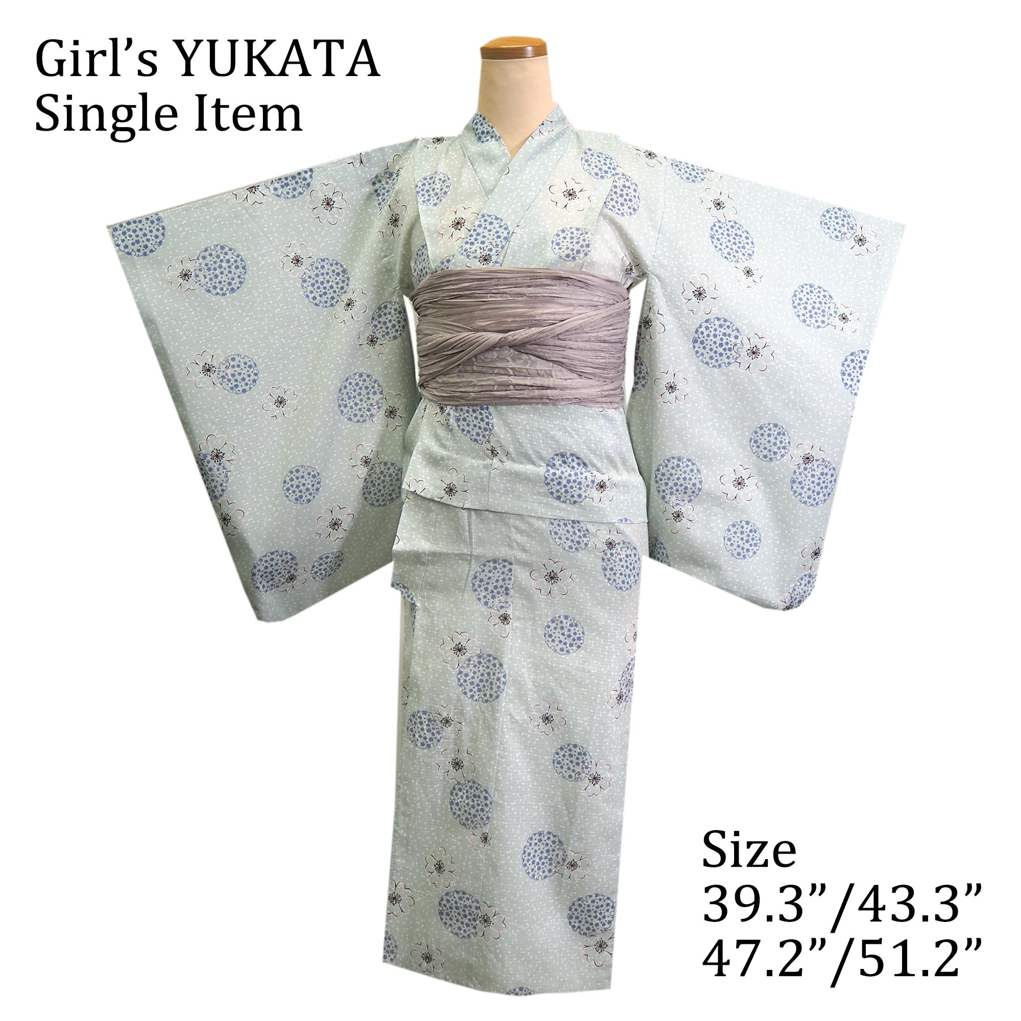 Girl's Cotton Yukata, Casual Summer Kimono, Light Blue-Green