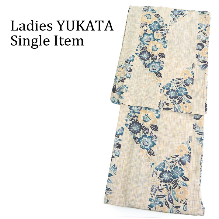 Women's Cotton Yukata, Casual Summer Kimono, Beige, Blue Green Flower