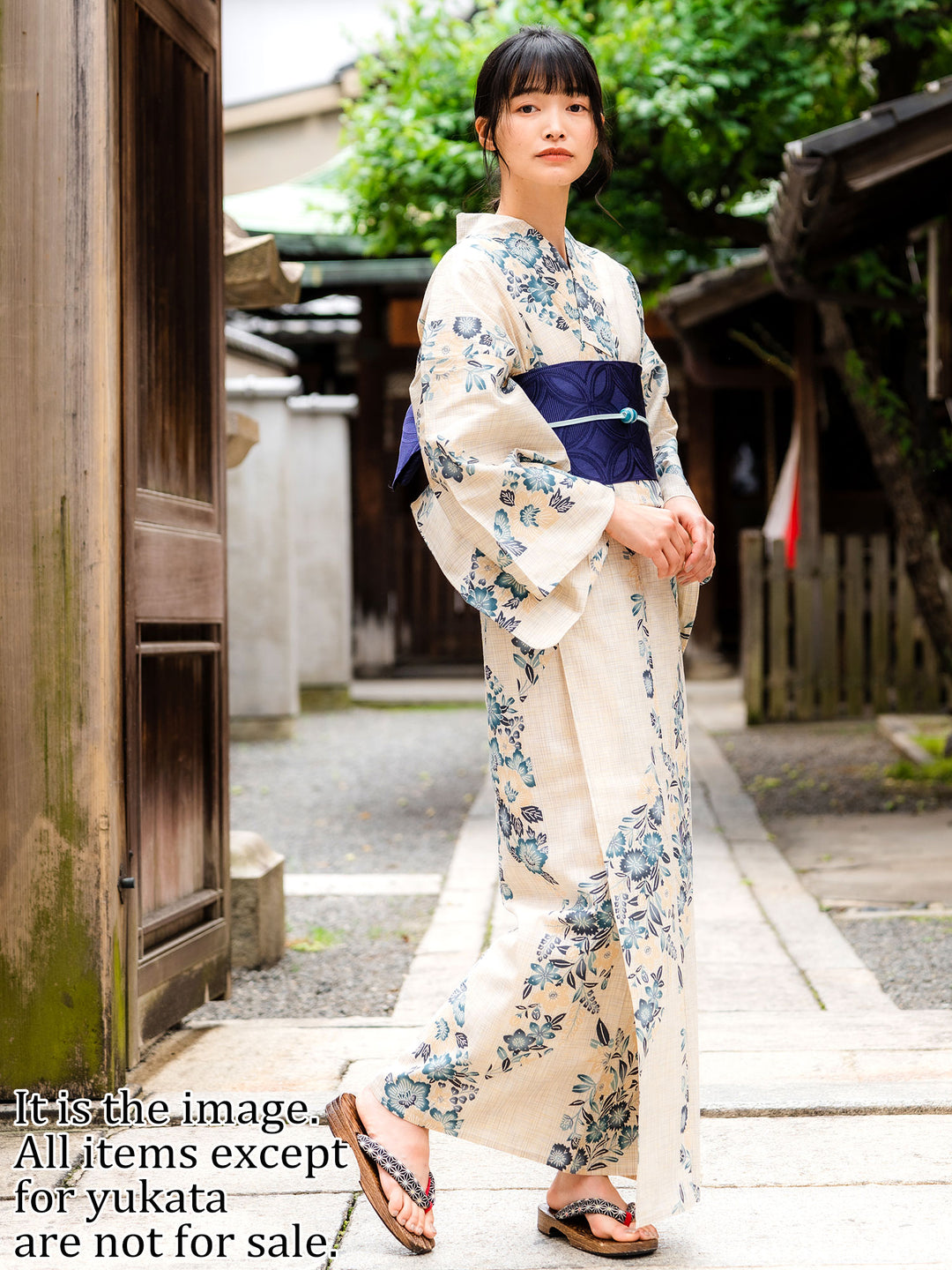 Women's Cotton Yukata, Casual Summer Kimono, Beige, Blue Green Flower