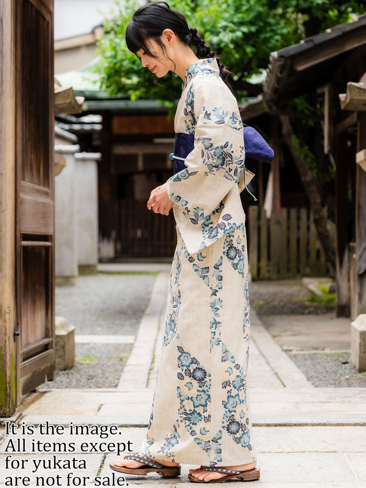 Women's Cotton Yukata, Casual Summer Kimono, Beige, Blue Green Flower