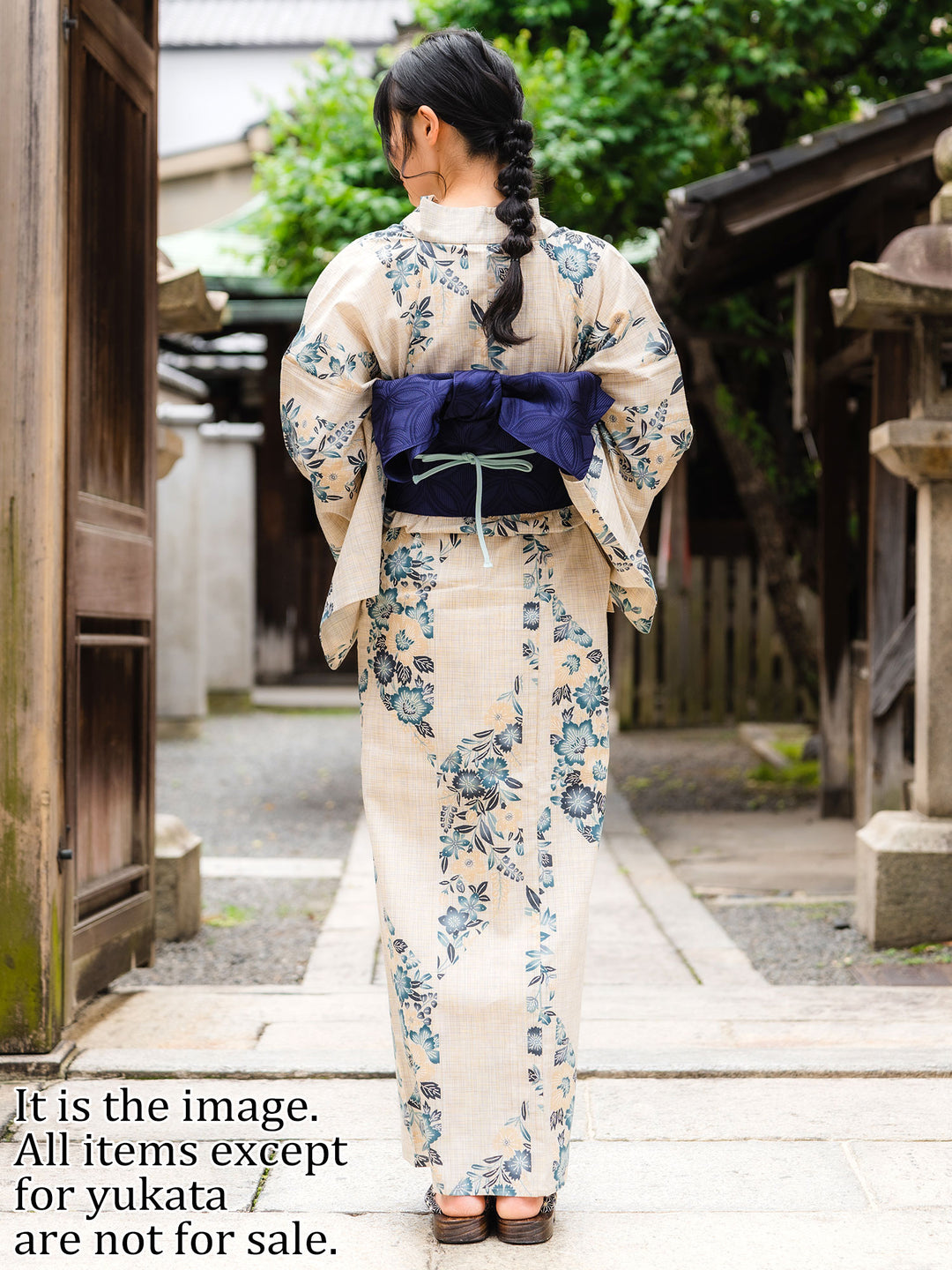 Women's Cotton Yukata, Casual Summer Kimono, Beige, Blue Green Flower