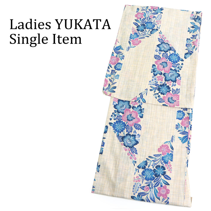 Women's Cotton Yukata, Casual Summer Kimono, Beige, Blue Pink Flower