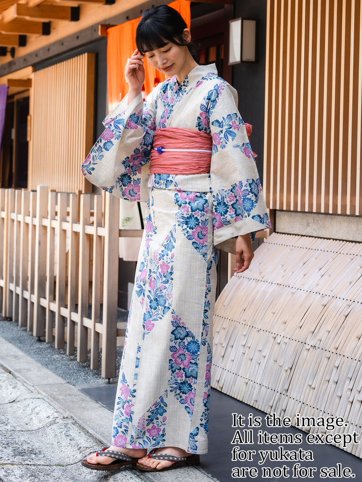 Women's Cotton Yukata, Casual Summer Kimono, Beige, Blue Pink Flower