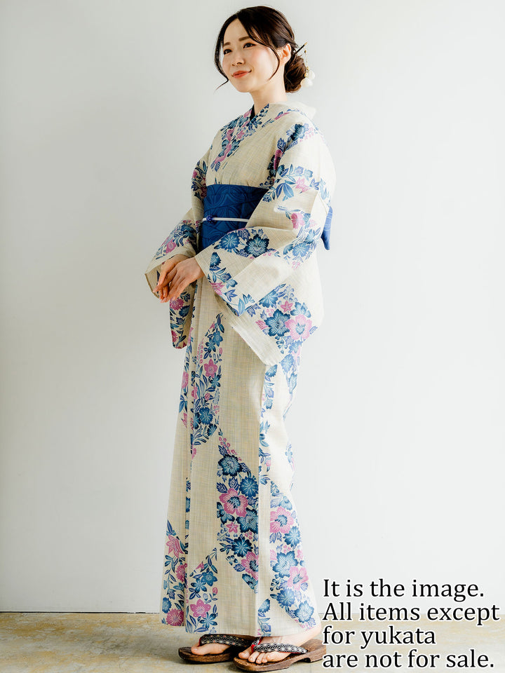 Women's Cotton Yukata, Casual Summer Kimono, Beige, Blue Pink Flower