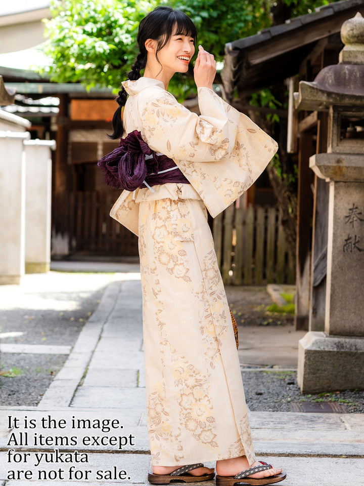 Women's Cotton Yukata, Casual Summer Kimono, Beige Brown Flower