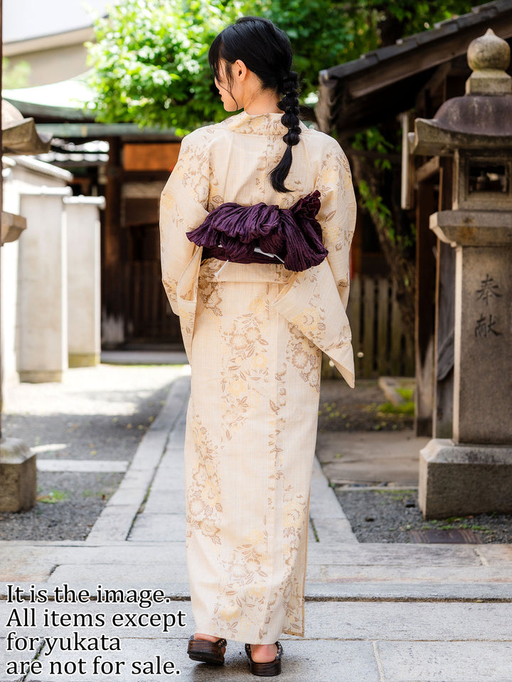 Women's Cotton Yukata, Casual Summer Kimono, Beige Brown Flower